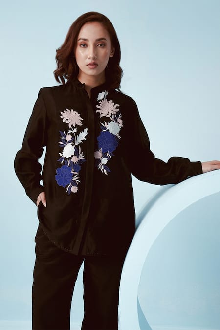 Kavya Singh Kundu Black Chanderi Applique Iris Bloom Mandarin Yuri Embroidered Shirt With Pant at Aza Fashions Kavya Singh Kundu_Black Chanderi Applique Iris Bloom Mandarin Yuri Embroidered Shirt With Pant _at_Aza_Fashions