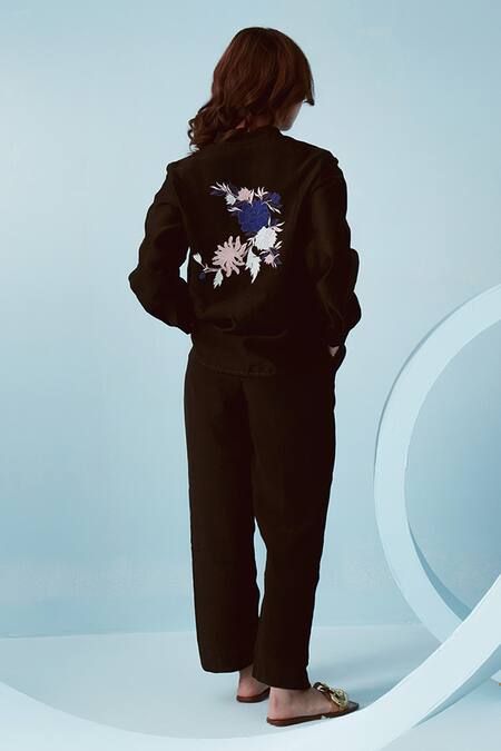 Shop Kavya Singh Kundu Black Chanderi Embroidery Mandarin Collar Yuri Iris Applique Shirt at Aza Fashions Shop_Kavya Singh Kundu_Black Chanderi Embroidery Mandarin Collar Yuri Iris Applique Shirt _at_Aza_Fashions