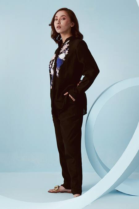 Buy Kavya Singh Kundu Black Chanderi Embroidery Mandarin Collar Yuri Iris Applique Shirt Online at Aza Fashions Buy_Kavya Singh Kundu_Black Chanderi Embroidery Mandarin Collar Yuri Iris Applique Shirt _Online_at_Aza_Fashions