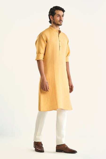 Shop Raghavendra Rathore Jodhpur Yellow Linen, Silk The Dandelion Kurta Online at Aza Fashions Shop_Raghavendra Rathore Jodhpur_Yellow Linen, Silk The Dandelion Kurta _Online_at_Aza_Fashions