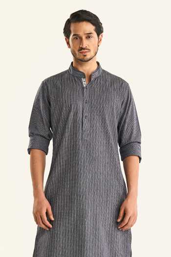 Raghavendra Rathore Jodhpur_Blue Cotton The Chess Board Kurta _Online_at_Aza_Fashions