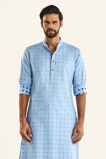 Raghavendra Rathore Jodhpur_Blue Cotton Embroidery The Chaupar Woven Kurta_Online_at_Aza_Fashions