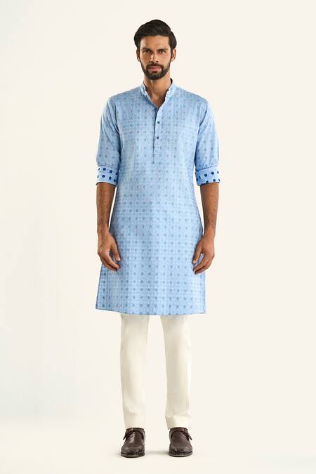 Buy_Raghavendra Rathore Jodhpur_Blue Cotton Embroidery The Chaupar Woven Kurta_Online_at_Aza_Fashions