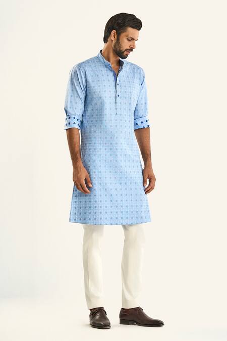 Shop_Raghavendra Rathore Jodhpur_Blue Cotton Embroidery The Chaupar Woven Kurta_Online_at_Aza_Fashions