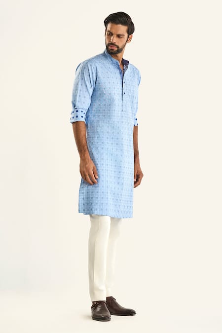 Raghavendra Rathore Jodhpur_Blue Cotton Embroidery The Chaupar Woven Kurta_at_Aza_Fashions