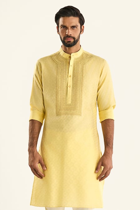 Raghavendra Rathore Jodhpur_Yellow Viscose, Jacquard Embroidery The Amrapali Woven Jaali Pattern Kurta _Online_at_Aza_Fashions