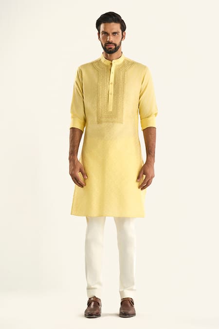 Buy_Raghavendra Rathore Jodhpur_Yellow Viscose, Jacquard Embroidery The Amrapali Woven Jaali Pattern Kurta _Online_at_Aza_Fashions