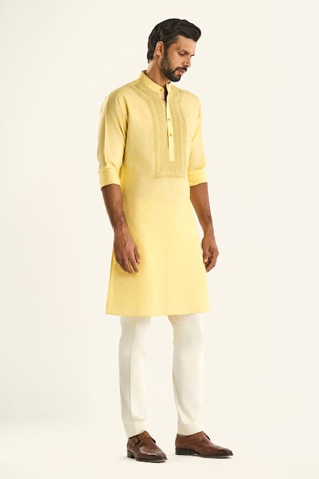 Shop_Raghavendra Rathore Jodhpur_Yellow Viscose, Jacquard Embroidery The Amrapali Woven Jaali Pattern Kurta _Online_at_Aza_Fashions