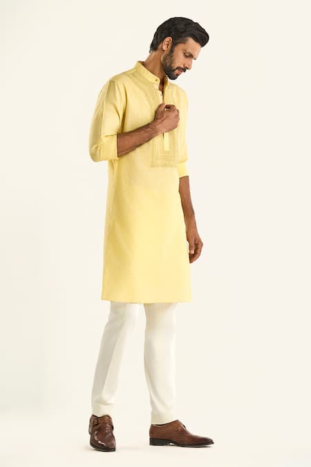 Raghavendra Rathore Jodhpur_Yellow Viscose, Jacquard Embroidery The Amrapali Woven Jaali Pattern Kurta _at_Aza_Fashions
