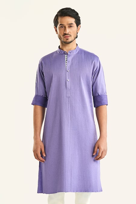 Raghavendra Rathore Jodhpur_Blue Cotton Embroidery The Serenity Pintuck Kurta _Online_at_Aza_Fashions