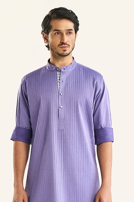Buy_Raghavendra Rathore Jodhpur_Blue Cotton Embroidery The Serenity Pintuck Kurta _Online_at_Aza_Fashions