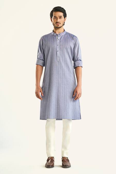Raghavendra Rathore Jodhpur_Blue Cotton Embroidery The Linear Kantha Kurta _Online_at_Aza_Fashions