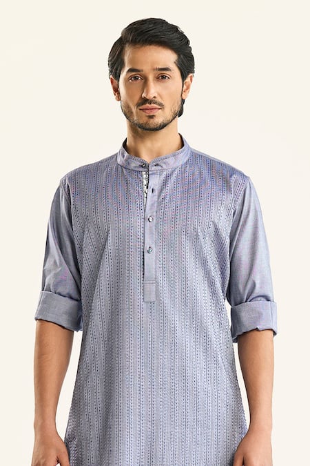 Buy_Raghavendra Rathore Jodhpur_Blue Cotton Embroidery The Linear Kantha Kurta _Online_at_Aza_Fashions