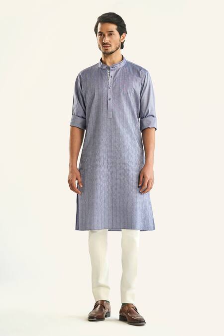 Shop_Raghavendra Rathore Jodhpur_Blue Cotton Embroidery The Linear Kantha Kurta _Online_at_Aza_Fashions