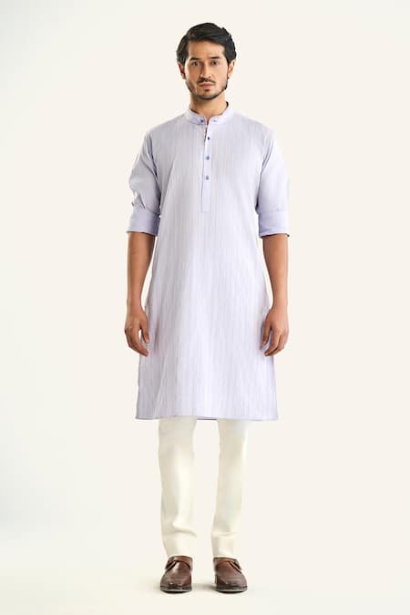 Raghavendra Rathore Jodhpur_Blue Cotton Embroidery The Pastel Double Needle Kurta _Online_at_Aza_Fashions
