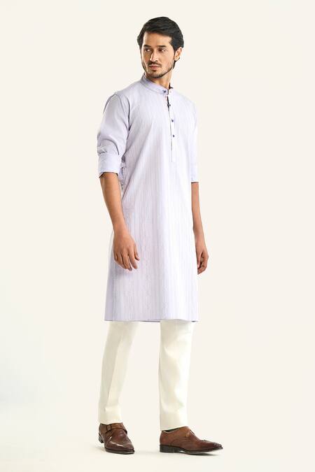 Shop_Raghavendra Rathore Jodhpur_Blue Cotton Embroidery The Pastel Double Needle Kurta _Online_at_Aza_Fashions