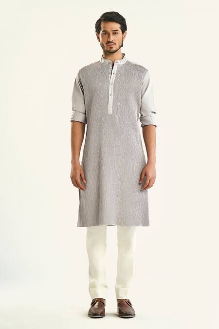 Raghavendra Rathore Jodhpur_Grey Cotton Embroidery The Lunar Pintuck Kurta _Online_at_Aza_Fashions