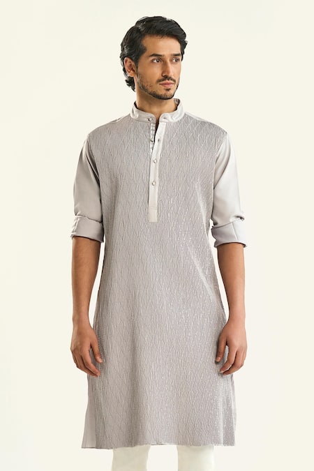 Buy_Raghavendra Rathore Jodhpur_Grey Cotton Embroidery The Lunar Pintuck Kurta _Online_at_Aza_Fashions