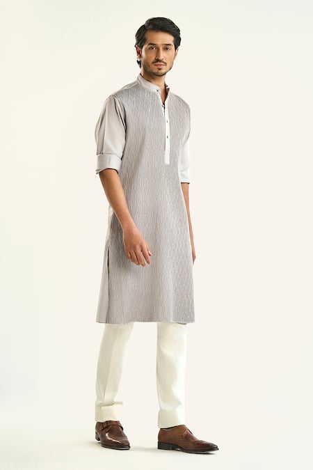 Shop_Raghavendra Rathore Jodhpur_Grey Cotton Embroidery The Lunar Pintuck Kurta _Online_at_Aza_Fashions