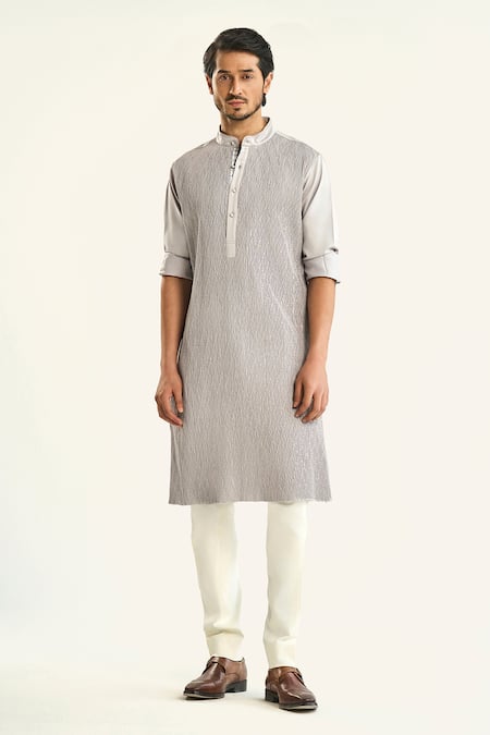 Raghavendra Rathore Jodhpur_Grey Cotton Embroidery The Lunar Pintuck Kurta _at_Aza_Fashions