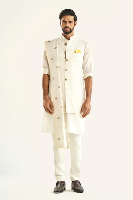 Raghavendra Rathore Jodhpur White Brocade Woven Floral The Bundi 