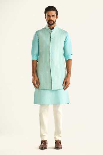 Raghavendra Rathore Jodhpur_Green Silk, Chanderi Embroidery Chevron Woven Bundi _Online_at_Aza_Fashions