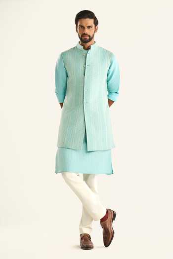 Buy_Raghavendra Rathore Jodhpur_Green Silk, Chanderi Embroidery Chevron Woven Bundi _Online_at_Aza_Fashions