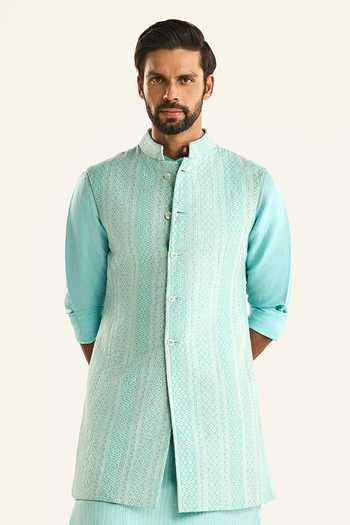 Shop_Raghavendra Rathore Jodhpur_Green Silk, Chanderi Embroidery Chevron Woven Bundi _Online_at_Aza_Fashions