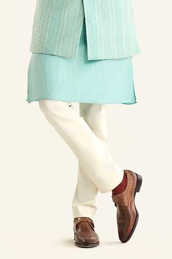 Raghavendra Rathore Jodhpur_Green Silk, Chanderi Embroidery Chevron Woven Bundi _at_Aza_Fashions