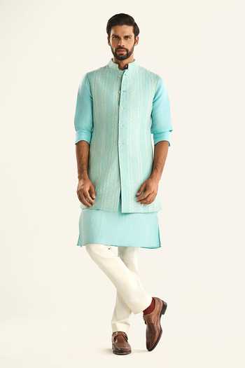 Buy_Raghavendra Rathore Jodhpur_Green Silk, Chanderi Embroidery Chevron Woven Bundi 