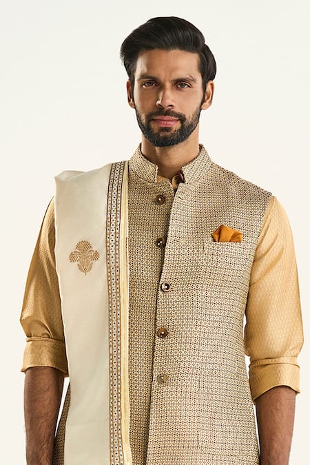Buy_Raghavendra Rathore Jodhpur_Gold Brocade Embroidery Checkered Woven Bundi _Online_at_Aza_Fashions