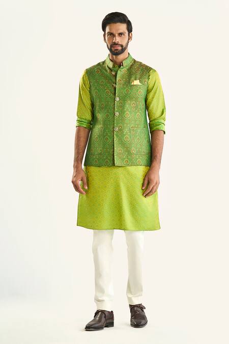 Raghavendra Rathore Jodhpur_Green Silk Embroidery Woven Bundi _Online_at_Aza_Fashions