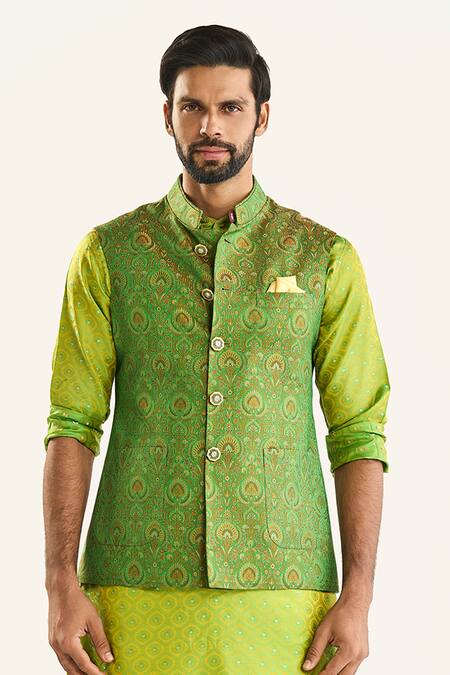 Buy_Raghavendra Rathore Jodhpur_Green Silk Embroidery Woven Bundi _Online_at_Aza_Fashions