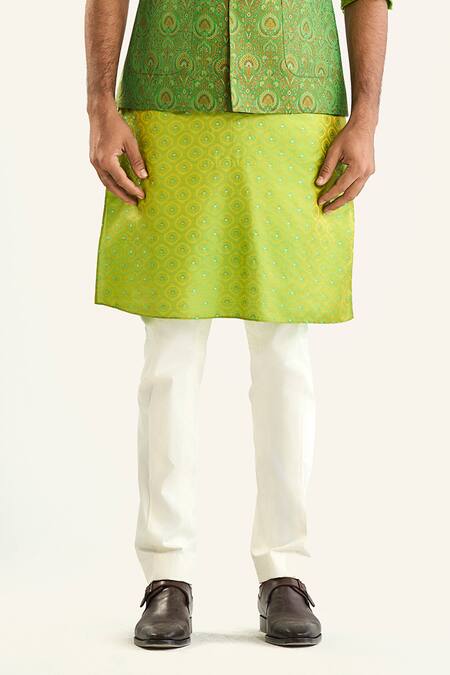 Shop_Raghavendra Rathore Jodhpur_Green Silk Embroidery Woven Bundi _Online_at_Aza_Fashions