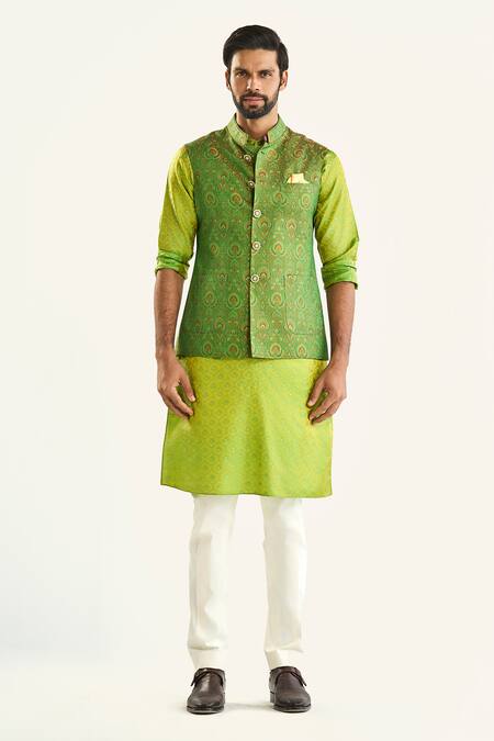 Raghavendra Rathore Jodhpur_Green Silk Embroidery Woven Bundi _at_Aza_Fashions