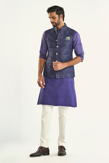 Raghavendra Rathore Jodhpur Blue Brocade Woven Checkered The Bejewelled Floral Bundi 