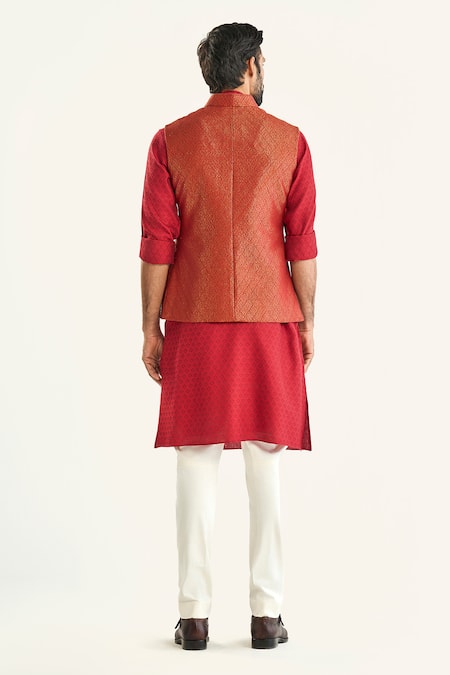 Shop Raghavendra Rathore Jodhpur Red Brocade Embroidery Checkered Woven Bundi at Aza Fashions Shop_Raghavendra Rathore Jodhpur_Red Brocade Embroidery Checkered Woven Bundi _at_Aza_Fashions