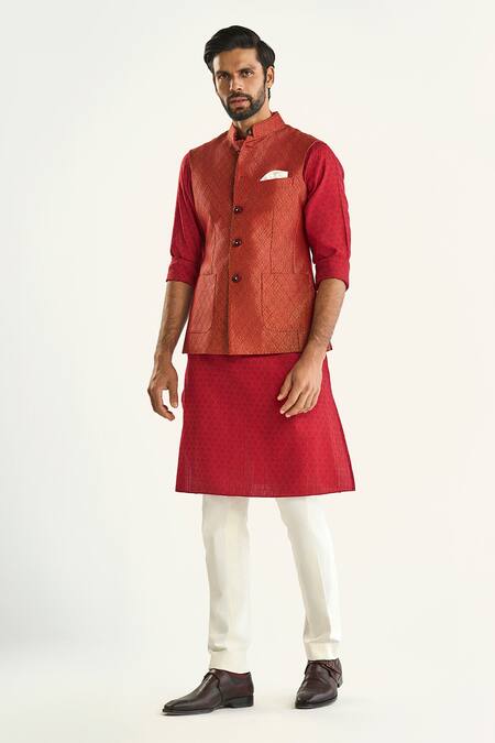 Buy Raghavendra Rathore Jodhpur Red Brocade Embroidery Checkered Woven Bundi Buy_Raghavendra Rathore Jodhpur_Red Brocade Embroidery Checkered Woven Bundi