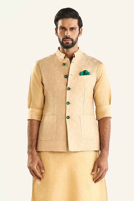 Raghavendra Rathore Jodhpur_Beige Silk Embroidery Woven Geometric Bundi _Online_at_Aza_Fashions