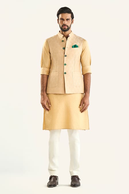 Shop_Raghavendra Rathore Jodhpur_Beige Silk Embroidery Woven Geometric Bundi _Online_at_Aza_Fashions