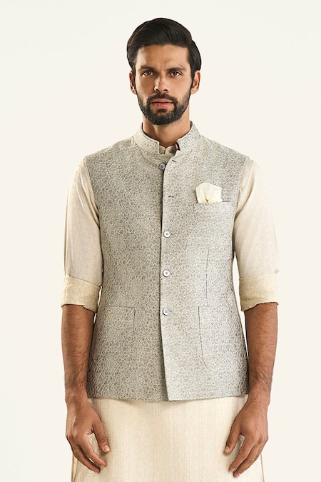Raghavendra Rathore Jodhpur_Gray Linen, Silk Geometric Woven Grey Bundi _Online_at_Aza_Fashions