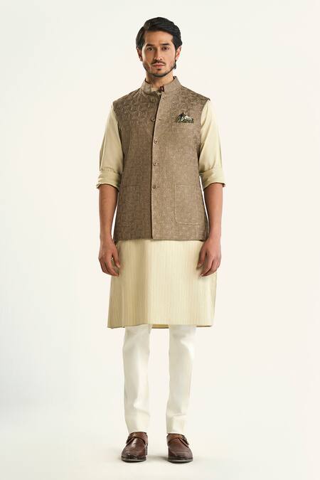 Raghavendra Rathore Jodhpur Beige Cotton Embroidery Floral Motif Bundi Online at Aza Fashions Raghavendra Rathore Jodhpur_Beige Cotton Embroidery Floral Motif Bundi _Online_at_Aza_Fashions