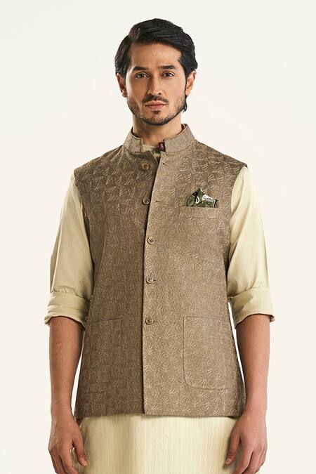 Shop Raghavendra Rathore Jodhpur Beige Cotton Embroidery Floral Motif Bundi Online at Aza Fashions Shop_Raghavendra Rathore Jodhpur_Beige Cotton Embroidery Floral Motif Bundi _Online_at_Aza_Fashions