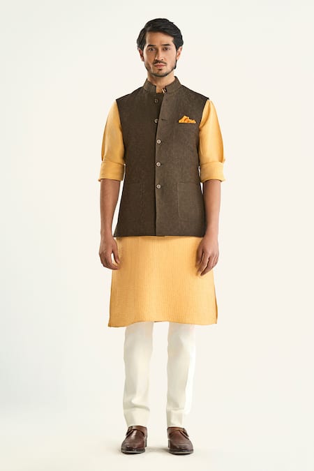 Raghavendra Rathore Jodhpur_Brown Linen, Silk Geometric Stripe Woven Bundi _Online_at_Aza_Fashions