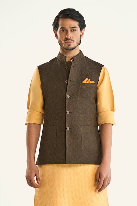 Shop_Raghavendra Rathore Jodhpur_Brown Linen, Silk Geometric Stripe Woven Bundi _Online_at_Aza_Fashions