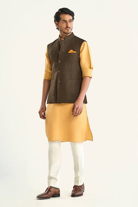 Raghavendra Rathore Jodhpur_Brown Linen, Silk Geometric Stripe Woven Bundi _at_Aza_Fashions