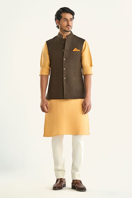 Buy_Raghavendra Rathore Jodhpur_Brown Linen, Silk Geometric Stripe Woven Bundi 