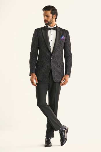 Raghavendra Rathore Jodhpur_Black Silk Sequins, Embroidery The Baradari Tuxedo Jacket _at_Aza_Fashions