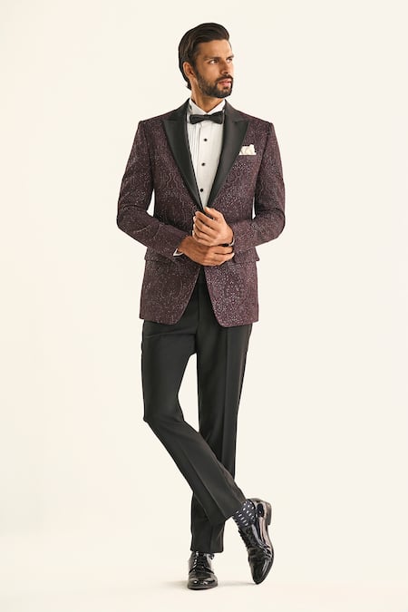 Buy_Raghavendra Rathore Jodhpur_Brown Silk Sequins, Embroidery The Bedazzled Floral Tuxedo Jacket _Online_at_Aza_Fashions