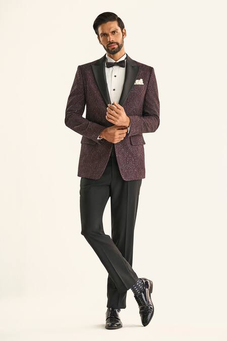 Shop_Raghavendra Rathore Jodhpur_Brown Silk Sequins, Embroidery The Bedazzled Floral Tuxedo Jacket _Online_at_Aza_Fashions